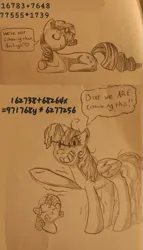 Size: 849x1482 | Tagged: safe, artist:lindasaurie, derpibooru import, rarity, twilight sparkle, twilight sparkle (alicorn), alicorn, pony, unicorn, derpibooru exclusive, dialogue, duo, female, heart, image, lying down, mare, math, messy mane, png, pointing, shading, sketch, smiling, speech bubble, talking to viewer, traditional art, twilight snapple