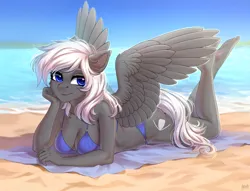 Size: 2198x1676 | Tagged: suggestive, artist:hakaina, derpibooru import, oc, unofficial characters only, anthro, pegasus, plantigrade anthro, beach, beach towel, bikini, clothes, female, image, png, solo, solo female, swimsuit, the pose, towel