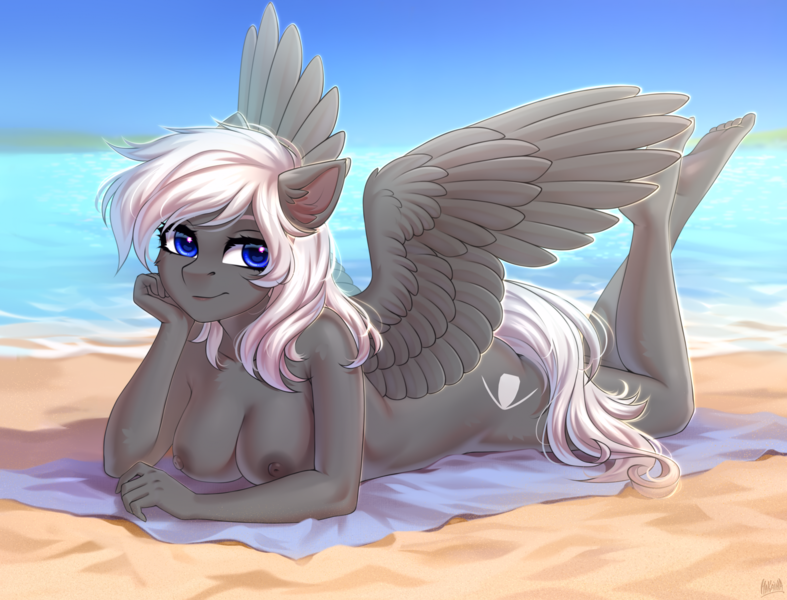 Size: 2198x1676 | Tagged: questionable, alternate version, artist:hakaina, derpibooru import, oc, unofficial characters only, anthro, pegasus, plantigrade anthro, beach, beach towel, breasts, exhibitionism, female, image, lying down, nipples, nudity, png, prone, public nudity, solo, solo female, the pose, towel