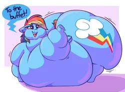 Size: 3450x2536 | Tagged: suggestive, artist:graphenescloset, derpibooru import, rainbow dash, pegasus, pony, dialogue, fat, female, image, large belly, large butt, mare, morbidly obese, near immobile, obese, open mouth, open smile, png, rainblob dash, smiling, solo, solo female, speech bubble