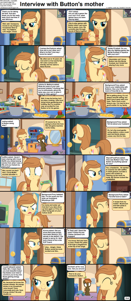 Size: 1282x2947 | Tagged: safe, derpibooru import, button mash, oc, oc:cream heart, earth pony, pony, comic:celestia's servant interview, caption, colt, cooking, cs captions, earth pony oc, female, foal, food, french fries, hoof hold, image, image macro, interview, kitchen, male, mare, mother and child, mother and son, mouth hold, png, soup, text