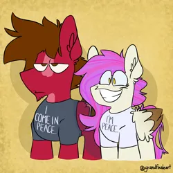 Size: 2000x2000 | Tagged: safe, artist:grandfinaleart, derpibooru import, oc, oc:grand finale, unofficial characters only, pegasus, pony, brown eyes, brown hair, brown mane, brown tail, chin fluff, couple, couples shirts, digital art, duo, duo male and female, facial hair, female, folded wings, goatee, image, looking at you, male, mare, pegasus oc, pink hair, pink mane, pink tail, png, red fur, simple background, size difference, smiling, smiling at you, solo, stallion, stallion oc, tail, toothy grin, unshorn fetlocks, wings, yellow eyes