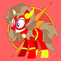 Size: 720x720 | Tagged: artist needed, safe, derpibooru import, oc, oc:fluffymarsh, unofficial characters only, pony, unicorn, boots, brown mane, clothes, costume, dc comics, female, happy, image, mare, png, purple eyes, shoes, speedforce, super powers, superhero, superhero costume, symbol, the flash