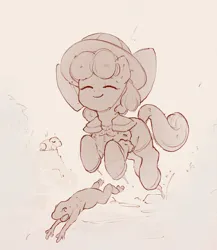 Size: 2982x3440 | Tagged: safe, artist:inkhooves, derpibooru import, apple bloom, earth pony, frog, pony, chase, clothes, eyes closed, female, filly, foal, hat, hopping, image, jpeg, monochrome, puddle, rain, smiling
