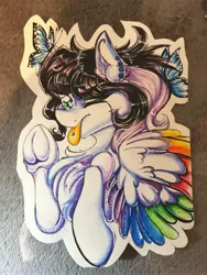 Size: 3000x4000 | Tagged: safe, artist:dankpegasista, derpibooru import, oc, oc:lunar dash, unofficial characters only, butterfly, insect, pegasus, pony, ;p, badge, bangs, big breasts, black and white, black and white mane, breasts, bust, chest fluff, colored, colored eyebrows, colored eyelashes, colored wings, cross, curly hair, derpibooru exclusive, drawing, ear fluff, ear piercing, eyebrows, eyebrows visible through hair, face tattoo, feathered wings, female, female oc, folded wings, frog (hoof), full color, grayscale, green eyes, half body, heart, heart eyes, high res, highlights, hoof heart, image, inverted cross, jpeg, long eyelashes, looking at you, mare, monochrome, multicolored wings, one eye closed, outline, pegasus oc, pencil drawing, photo, piercing, ponytail, portrait, rainbow wings, raised hoof, shading, shiny hair, shiny mane, smiling, smiling at you, solo, tattoo, tongue out, tongue piercing, traditional art, underhoof, wall of tags, waving, waving at you, white coat, wingding eyes, wings, wink
