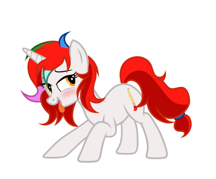 Size: 3705x3085 | Tagged: suggestive, artist:equestria secret guard, derpibooru import, oc, oc:shallow light, unofficial characters only, pony, unicorn, bedroom eyes, blushing, female, horn, image, looking back, mare, png, red hair, simple background, tongue out, transparent background, unicorn oc