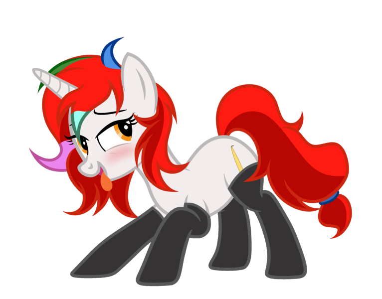 Size: 3472x2719 | Tagged: suggestive, artist:equestria secret guard, derpibooru import, oc, oc:shallow light, unofficial characters only, pony, unicorn, bedroom eyes, blushing, clothes, female, horn, image, looking back, mare, png, red hair, simple background, socks, tongue out, transparent background, unicorn oc