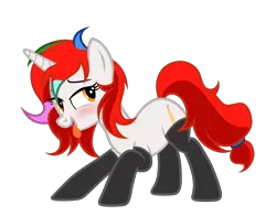 Size: 3472x2719 | Tagged: suggestive, artist:equestria secret guard, derpibooru import, oc, oc:shallow light, unofficial characters only, pony, unicorn, bedroom eyes, blushing, clothes, female, horn, image, looking back, mare, png, red hair, simple background, socks, tongue out, transparent background, unicorn oc