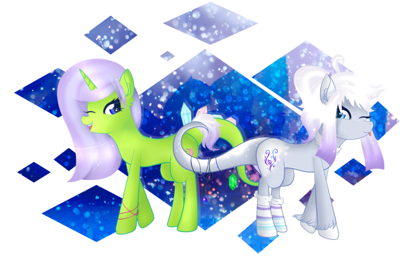 Size: 2681x1701 | Tagged: safe, artist:angellightyt, artist:emerald-bliss, derpibooru import, oc, unofficial characters only, pony, unicorn, collaboration, female, horn, image, mare, one eye closed, png, simple background, smiling, transparent background, unicorn oc, wink