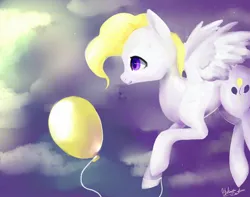 Size: 1368x1080 | Tagged: safe, artist:minckies, derpibooru import, surprise, pegasus, pony, balloon, cloud, female, flying, image, jpeg, mare, outdoors, signature, smiling, solo