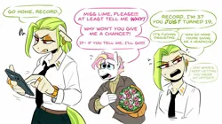 Size: 1344x754 | Tagged: safe, artist:redxbacon, derpibooru import, oc, oc:golden keylime, oc:record key, unofficial characters only, anthro, clothes, dialogue, ear piercing, earring, flower, gold tooth, image, jewelry, jpeg, necktie, piercing, rejection, ring, simple background, sweater, watch, white background