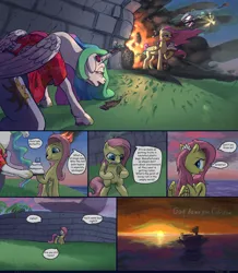 Size: 3381x3886 | Tagged: safe, artist:ciborgen, derpibooru import, fluttershy, princess celestia, alicorn, pegasus, pony, snake, alternate hairstyle, arrow, axe, battle axe, comic, dialogue, drugs, duo, duo female, female, fire, high res, image, immortal, island, mare, png, ponytail, speech bubble, stranded, sunset, syringe, weapon