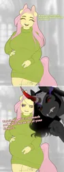 Size: 700x1867 | Tagged: safe, artist:evehly, derpibooru import, fluttershy, king sombra, anthro, pegasus, unicorn, ..., 2 panel comic, angry, clothes, comic, cute, duo, eyes closed, fangs, female, fluttershy is not amused, gritted teeth, husband and wife, image, jpeg, looking at you, male, open mouth, overprotective, pointing, pregnant, shipping, shyabetes, sombrashy, straight, sweater, sweatershy, talking to viewer, teeth, threatening, unamused
