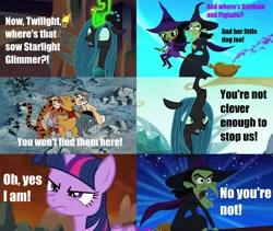 Size: 1070x903 | Tagged: safe, derpibooru import, editor:incredibubbleirishguy, queen chrysalis, twilight sparkle, twilight sparkle (alicorn), alicorn, bear, big cat, donkey, pig, rabbit, tiger, frenemies (episode), to where and back again, twilight's kingdom, animal, confrontation, crossover, eeyore, former queen chrysalis, image, piglet, png, pooh, rabbit (winnie the pooh), reference, text, the loud house, thomas and the magic railroad, tigger, upvote bait, wicked witch, wicked witch of the west, wilhelmina witch, winnie the pooh, witch