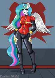 Size: 1624x2269 | Tagged: suggestive, artist:creatorworld, derpibooru import, princess celestia, alicorn, anthro, plantigrade anthro, alternate cutie mark, black eyeshadow, black lipstick, bodysuit, boots, bracelet, breasts, busty princess celestia, clothes, collar, cutie mark, cutie mark background, cutie mark on clothes, eggman empire of equestria, eyeshadow, female, fetish, gloves, hand on hip, high heel boots, high heels, image, indoors, jewelry, latex, latex fetish, latex suit, lipstick, long gloves, long hair, long tail, looking at you, makeup, platform heels, platform shoes, png, pose, rubber, rubber suit, shiny, shoes, simple background, skintight clothes, solo, solo female, sonic the hedgehog (series), tail, tight clothing, wings