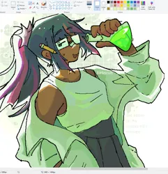 Size: 1114x1158 | Tagged: safe, artist:kirbscuit, derpibooru import, sci-twi, twilight sparkle, human, bandage, blackwashing, chemicals, clothes, dark skin, flask, glasses, image, lab coat, looking at you, ms paint, pencil, png, ponytail, science, skirt, smiling, solo, sweat, tanktop, text