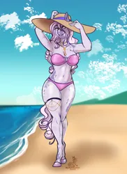 Size: 2430x3330 | Tagged: suggestive, artist:blackblood-queen, derpibooru import, oc, oc:silken pearl, unofficial characters only, anthro, crystal pony, pony, unguligrade anthro, anthro oc, beach, bikini, breasts, clothes, commission, crystal pony oc, digital art, female, hat, image, jewelry, mare, png, redesign, smiling, solo, sun hat, swimsuit, walking, water