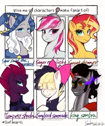 Size: 1674x2000 | Tagged: safe, artist:xiaowu07, derpibooru import, king sombra, songbird serenade, star swirl the bearded, sugar moonlight, sunset shimmer, tempest shadow, earth pony, pegasus, pony, unicorn, g5, my little pony: a new generation, my little pony: the movie, cute, female, g4, image, jpeg, looking at you, male, mare