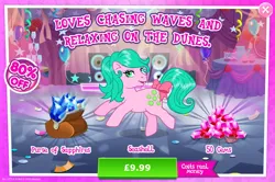 Size: 1958x1301 | Tagged: safe, derpibooru import, official, seashell (g1), earth pony, pony, g1, advertisement, bow, costs real money, english, female, gameloft, gem, image, jpeg, mare, mobile game, my little pony: magic princess, numbers, sale, solo, solo focus, tail, tail bow, text