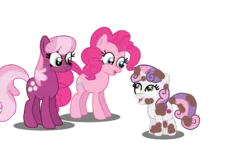 Size: 605x350 | Tagged: safe, artist:lil' pegasus, derpibooru import, cheerilee, pinkie pie, sweetie belle, earth pony, pony, unicorn, dirty, female, filly, foal, g3.5, image, mare, newborn cuties, png, redraw, simple background, transparent background, trio, trio female