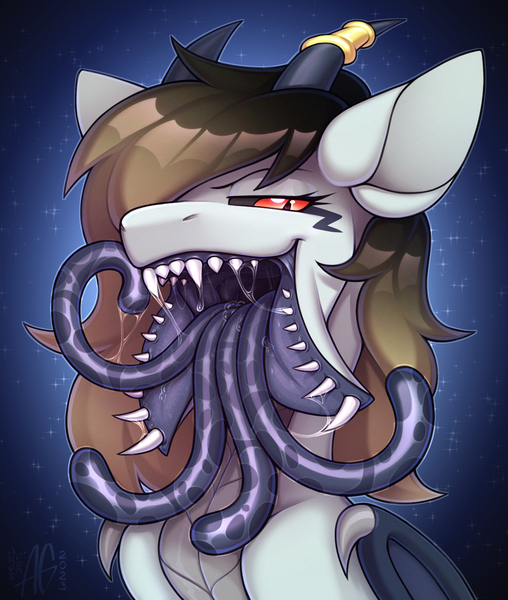 Size: 1100x1300 | Tagged: suggestive, artist:argigen, derpibooru import, oc, oc:bloodlight bonestalk, pony, tatzlwurm, bust, fangs, horn, image, jpeg, mawshot, open mouth, smiling, wings