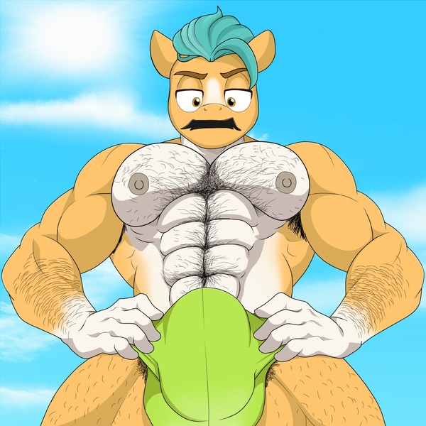 Size: 1600x1600 | Tagged: suggestive, derpibooru import, hitch trailblazer, anthro, g5, facial hair, hairy, hitch big dick, image, jockstrap, jpeg, looking at you, moustache, muscles, muscular stallion, shredded hitch, solo