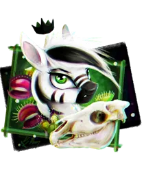 Size: 1024x1220 | Tagged: safe, derpibooru import, oc, unofficial characters only, pony, zebra, bust, crown, facial markings, female, frame, image, jewelry, plant, png, regalia, simple background, skull, solo, sundew, transparent background