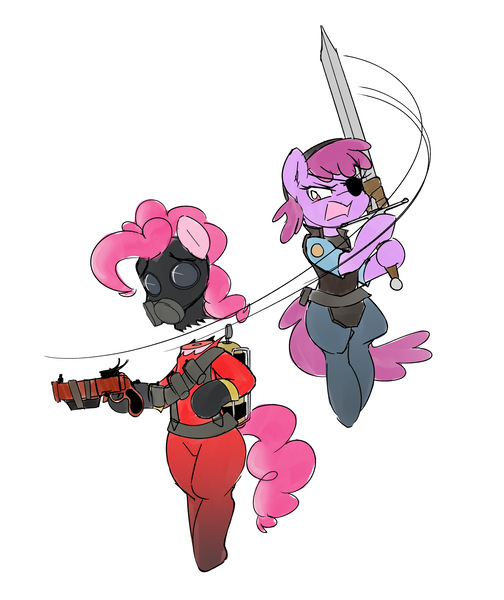 Size: 1946x2318 | Tagged: semi-grimdark, derpibooru import, berry punch, berryshine, pinkie pie, earth pony, /mlp/ tf2 general, bipedal, decapitated, demoknight, demoman, eyepatch, flare gun, gas mask, image, mask, png, pyro, sword, team fortress 2, weapon