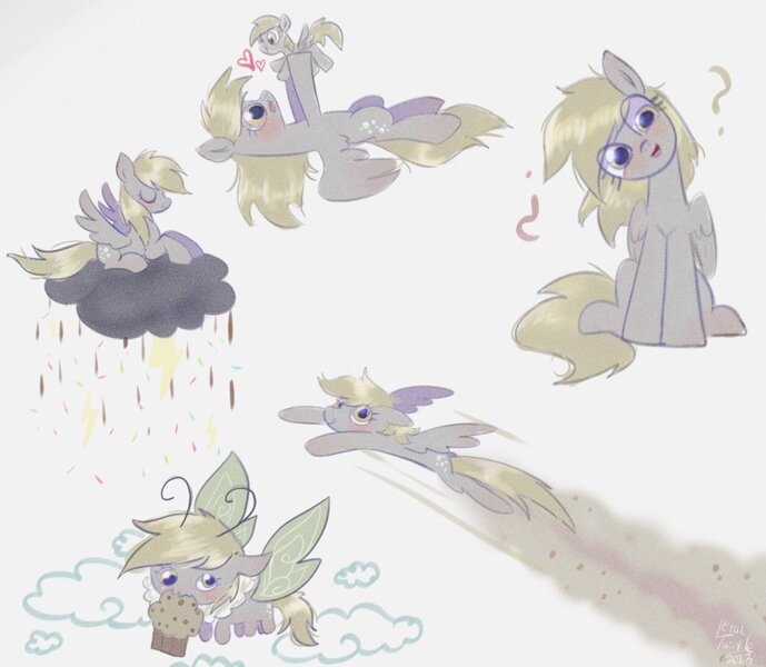 Size: 1024x892 | Tagged: safe, artist:petaltwinkle, derpibooru import, derpy hooves, insect, moth, mothpony, original species, pegasus, pony, chocolate, chocolate rain, cloud, cute, derpabetes, female, food, gray background, holding a pony, hoof hold, image, jpeg, lightning, mare, mouth hold, muffin, multeity, on a cloud, question mark, rain, raincloud, simple background, sitting, sitting on cloud, solo, species swap