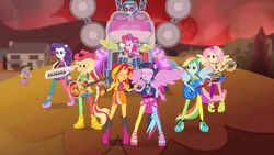 Size: 3072x1727 | Tagged: safe, derpibooru import, screencap, applejack, fluttershy, pinkie pie, rainbow dash, rarity, sci-twi, spike, sunset shimmer, twilight sparkle, vinyl scratch, dog, human, equestria girls, rainbow rocks, bass guitar, boots, clothes, cowboy hat, cute, drums, drumsticks, electric guitar, eyes closed, female, guitar, hat, humane five, humane seven, humane six, image, jpeg, keytar, male, musical instrument, open mouth, open smile, ponied up, rainbow rocks outfit, shoes, smiling, spikabetes, spike the dog, spread wings, tambourine, wings