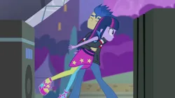 Size: 3072x1727 | Tagged: safe, derpibooru import, screencap, flash sentry, twilight sparkle, human, equestria girls, rainbow rocks, clothes, duo, duo male and female, eyes closed, female, frown, high heels, hug, image, jacket, jpeg, male, night, rainbow rocks outfit, shoes, smiling