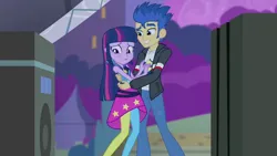 Size: 3072x1727 | Tagged: safe, derpibooru import, screencap, flash sentry, twilight sparkle, human, equestria girls, rainbow rocks, blushing, clothes, duo, duo male and female, female, grin, hug, image, jacket, jpeg, male, night, rainbow rocks outfit, smiling