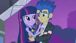 Size: 3072x1727 | Tagged: safe, derpibooru import, screencap, flash sentry, twilight sparkle, human, equestria girls, rainbow rocks, blushing, clothes, duo, duo male and female, female, hug, image, jacket, jpeg, looking at each other, looking at someone, male, night, rainbow rocks outfit