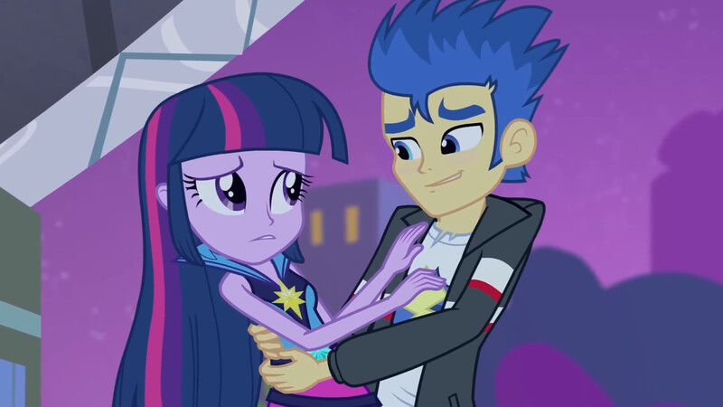 Size: 3072x1727 | Tagged: safe, derpibooru import, screencap, flash sentry, twilight sparkle, human, equestria girls, rainbow rocks, blushing, clothes, duo, duo male and female, female, frown, hug, image, jacket, jpeg, looking at each other, looking at someone, male, night, rainbow rocks outfit, smiling