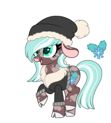 Size: 3173x3535 | Tagged: safe, artist:ashestoashkar, derpibooru import, oc, oc:winter mint, cow, cow pony, big ears, clothes, cloven hooves, cutie mark, eyelashes, floppy ears, hat, hooves, image, png, raised hoof, simple background, spots, tail, transparent background, two toned mane, two toned tail, winter outfit