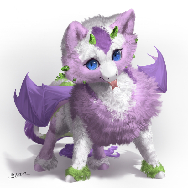 Size: 1280x1281 | Tagged: safe, artist:makkah, derpibooru import, oc, oc:curly dainty, unofficial characters only, dracony, hybrid, fluffy, forked tongue, horns, image, interspecies offspring, jpeg, offspring, parent:rarity, parent:spike, parents:sparity, simple background, solo, tongue out, white background