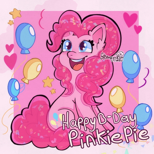 Size: 2066x2066 | Tagged: safe, artist:stormagedoom, derpibooru import, pinkie pie, earth pony, pony, balloon, female, happy birthday, heart, high res, image, jpeg, mare, open mouth, open smile, passepartout, sitting, smiling, solo, stars