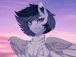 Size: 2160x1620 | Tagged: safe, artist:enderbee, derpibooru import, oc, oc:engel, unofficial characters only, pegasus, pony, blue hair, bust, female, folded wings, image, mare, png, portrait, short hair, simple background, smiling, solo, wings