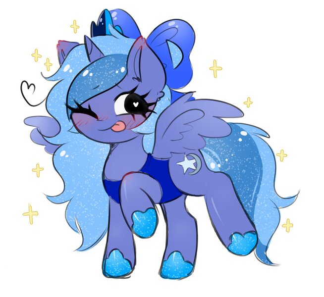 Size: 2392x2196 | Tagged: safe, artist:arwencuack, derpibooru import, princess luna, alicorn, pony, :p, blushing, cute, female, heart, heart eyes, high res, image, jpeg, looking at you, lunabetes, mare, one eye closed, raised hoof, raised leg, simple background, smiling, smiling at you, solo, sparkles, spread wings, tongue out, white background, wingding eyes, wings, wink, winking at you