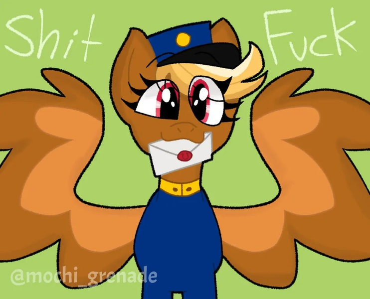 Size: 1080x873 | Tagged: safe, artist:mochi_grenade, derpibooru import, oc, oc:shitfuck, pegasus, pony, blonde, clothes, female, forced meme, green background, hat, image, letter, looking at you, mare, meme, mouth hold, png, red eyes, signature, simple background, spread wings, telegram pony, text, uniform, vulgar, wings