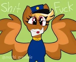 Size: 1080x873 | Tagged: safe, artist:mochi_grenade, derpibooru import, oc, oc:shitfuck, pegasus, pony, blonde, clothes, female, forced meme, green background, hat, image, letter, looking at you, mare, meme, mouth hold, png, red eyes, signature, simple background, spread wings, telegram pony, text, uniform, vulgar, wings