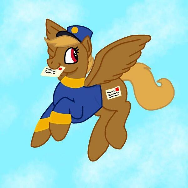 Size: 750x750 | Tagged: safe, artist:honeydonkey777, derpibooru import, oc, oc:shitfuck, pegasus, pony, blue background, clothes, female, flying, forced meme, hat, image, jpeg, letter, mare, meme, mouth hold, red eyes, simple background, spread wings, telegram pony, uniform, vulgar, wings