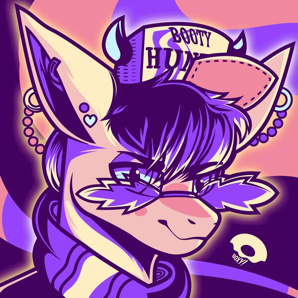 Size: 3600x3600 | Tagged: safe, artist:poxy_boxy, derpibooru import, oc, unofficial characters only, pony, abstract background, bust, commission, ear piercing, earring, hat, image, jewelry, jpeg, limited palette, looking at you, novelty glasses, piercing, smiling, smiling at you, solo, sunglasses, trucker hat