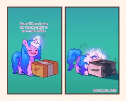 Size: 1280x1024 | Tagged: safe, artist:frank3dz, derpibooru import, izzy moonbow, pony, unicorn, g5, princess twilight sparkle (episode), abstract background, box, cardboard box, comic, cute, date (time), dialogue, exploitable meme, female, funny, glow, glowing horn, horn, image, jpeg, magic, magic aura, mare, meme, signature, solo, tape, what's in the box?