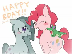 Size: 2048x1536 | Tagged: safe, artist:metaruscarlet, derpibooru import, gummy, marble pie, pinkie pie, earth pony, pony, blushing, happy birthday, image, jpeg, open mouth, simple background, smiling, white background