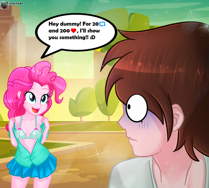 Size: 2000x1794 | Tagged: suggestive, artist:charliexe, derpibooru import, pinkie pie, oc, oc:generic messy hair anime anon, human, equestria girls, belly button, bra, clothes, dialogue, female, image, jpeg, male, open mouth, open smile, skirt, smiling, speech bubble, underwear, undressing, watermark