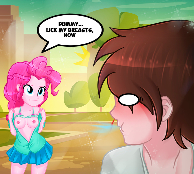 Size: 2000x1794 | Tagged: questionable, artist:charliexe, derpibooru import, pinkie pie, oc, oc:generic messy hair anime anon, human, equestria girls, belly button, blood, blushing, bra, breasts, clothes, dialogue, female, frown, image, jpeg, male, nipples, nosebleed, nudity, skirt, speech bubble, spitting, underwear, undressing, watermark
