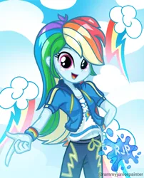 Size: 2015x2490 | Tagged: safe, artist:rjp.rammy, derpibooru import, rainbow dash, equestria girls, belly button, clothes, cute, dashabetes, female, image, jacket, midriff, open mouth, pants, png, shirt, solo, sweatpants, t-shirt