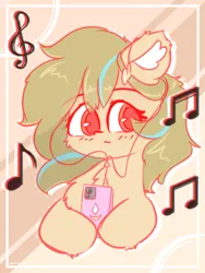 Size: 1000x1333 | Tagged: safe, artist:grithcourage, derpibooru import, oc, oc:grith courage, earth pony, pony, bust, cute, ear fluff, earbuds, female, image, listening to music, music notes, musical instrument, phone, png, portrait, simple background, solo, solo female