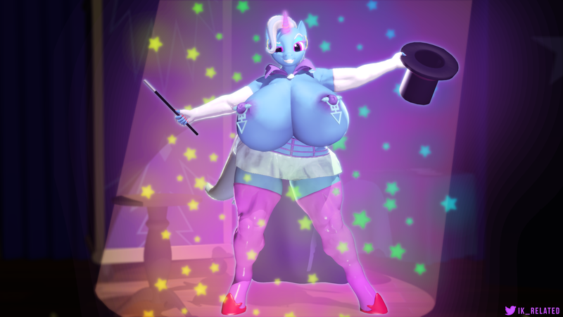 Size: 3840x2160 | Tagged: questionable, artist:ik_related, derpibooru import, trixie, anthro, unicorn, 3d, big breasts, big nipples, blue body, breasts, busty trixie, cape, clothes, female, fit, gloves, glow, glowing horn, grin, hat, horn, huge breasts, image, impossibly large breasts, latex, looking at you, magic wa, magic wand, nail polish, nipple piercing, nipples, nudity, partial nudity, piercing, png, projector, shoes, skirt, smiling, smug, socks, solo, solo female, spread arms, spread legs, spreading, stage, stockings, thigh highs, thighs, thunder thighs, topless, trixie's cape, wide hips